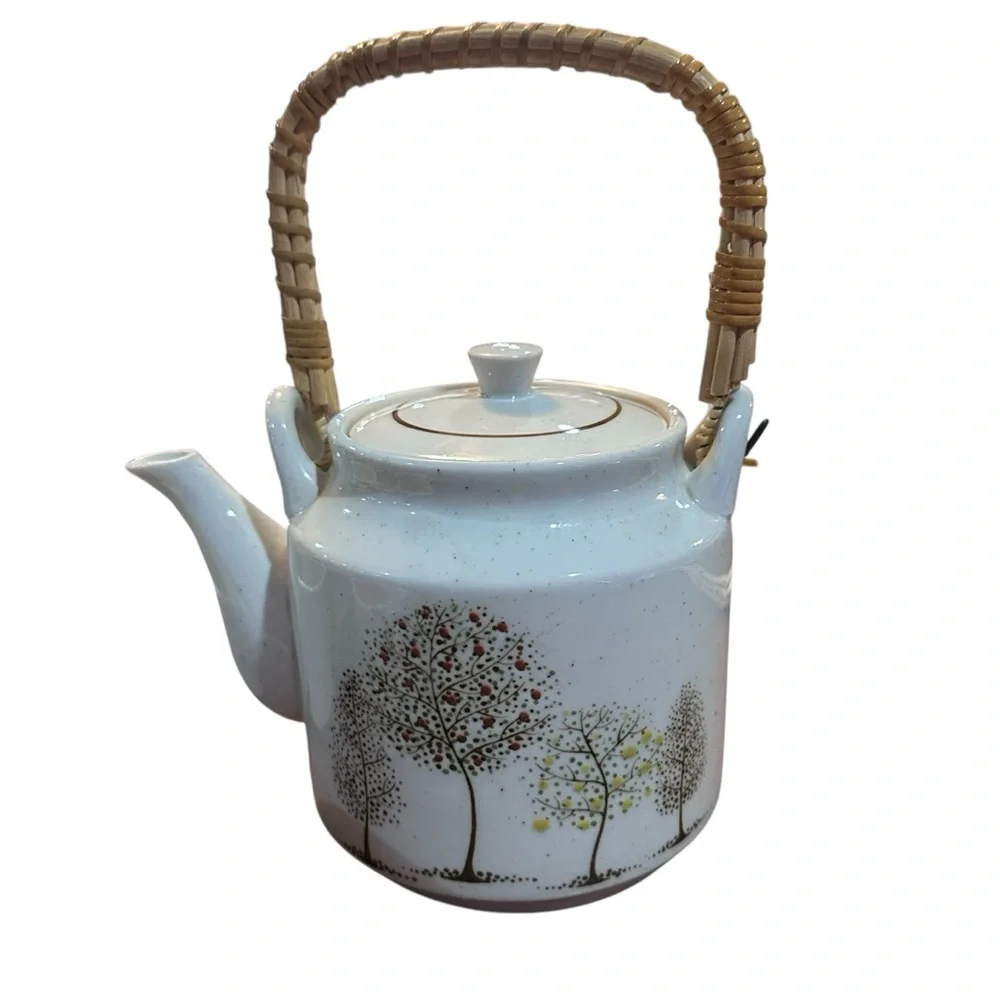 Vintage Style Ceramic Teapot Set with 6 Cups Tree‎ Pattern Woven Handle rustic